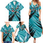 Port Adelaide Power Australian Football Family Matching Summer Maxi Dress and Hawaiian Shirt Powerful Superhero Mascot - Bold Team Colors