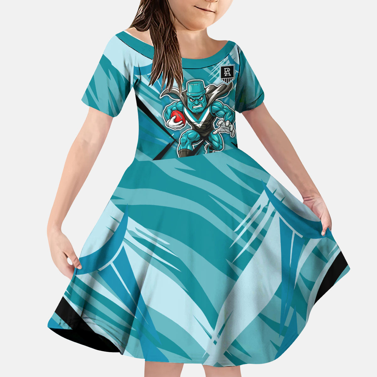 Port Adelaide Power Australian Football Kid Short Sleeve Dress Powerful Superhero Mascot - Bold Team Colors