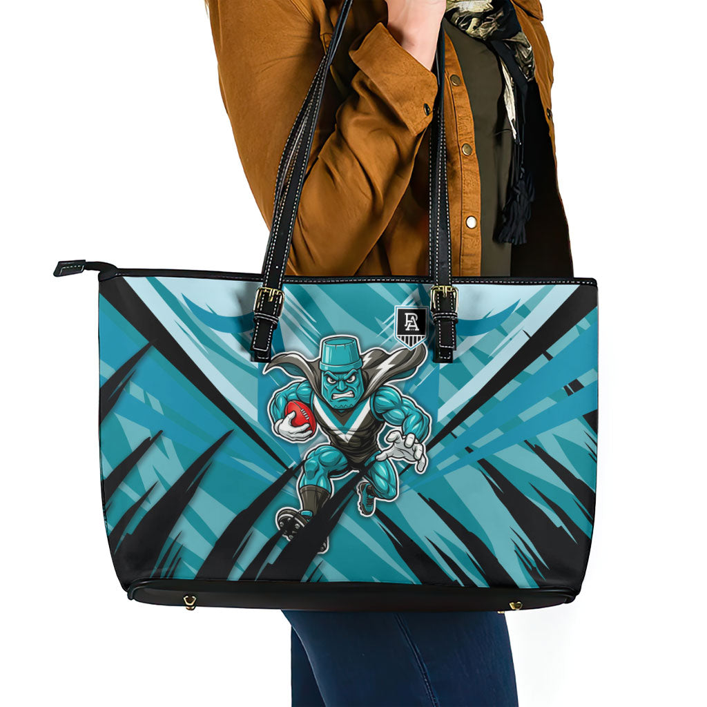 Port Adelaide Power Australian Football Leather Tote Bag Powerful Superhero Mascot - Bold Team Colors