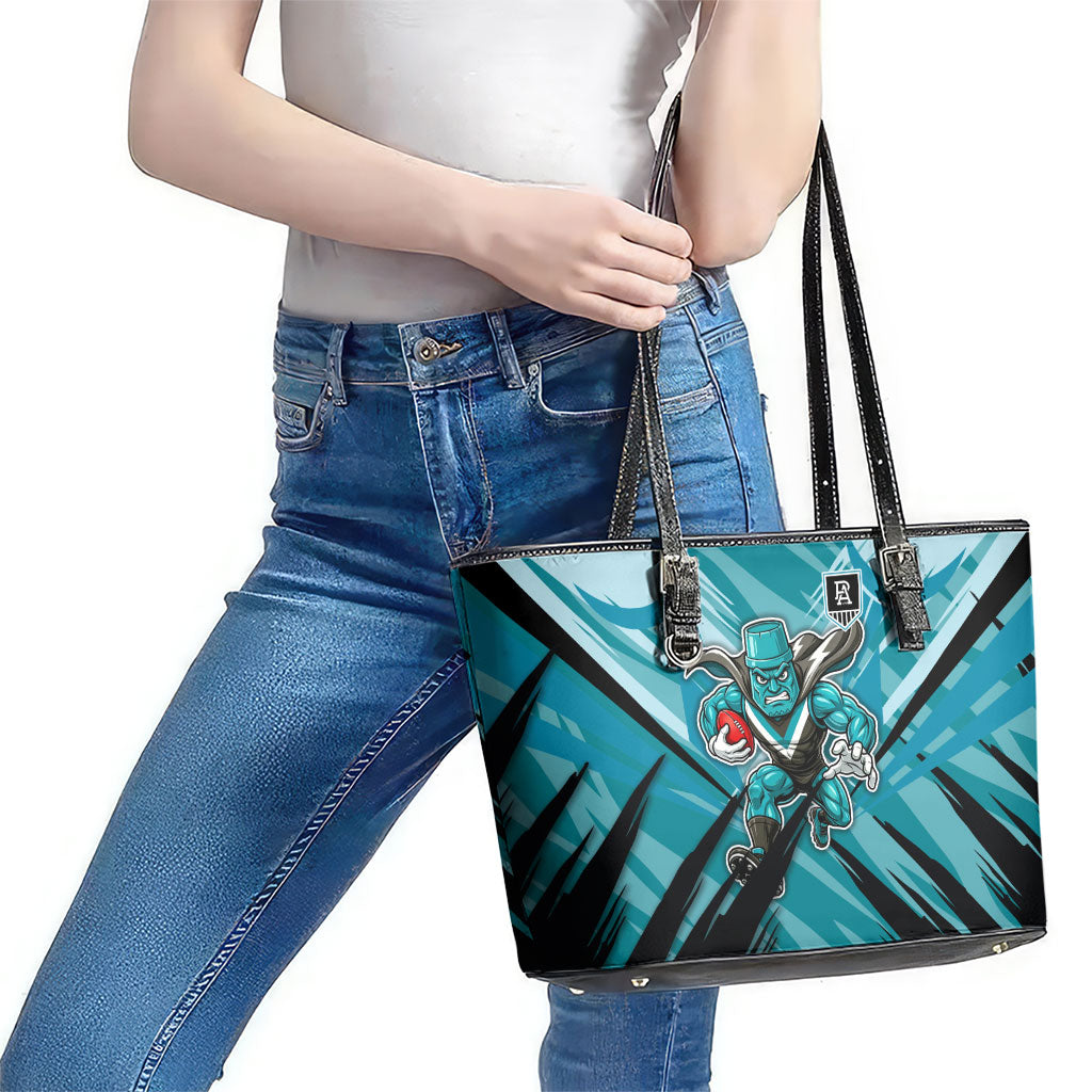 Port Adelaide Power Australian Football Leather Tote Bag Powerful Superhero Mascot - Bold Team Colors