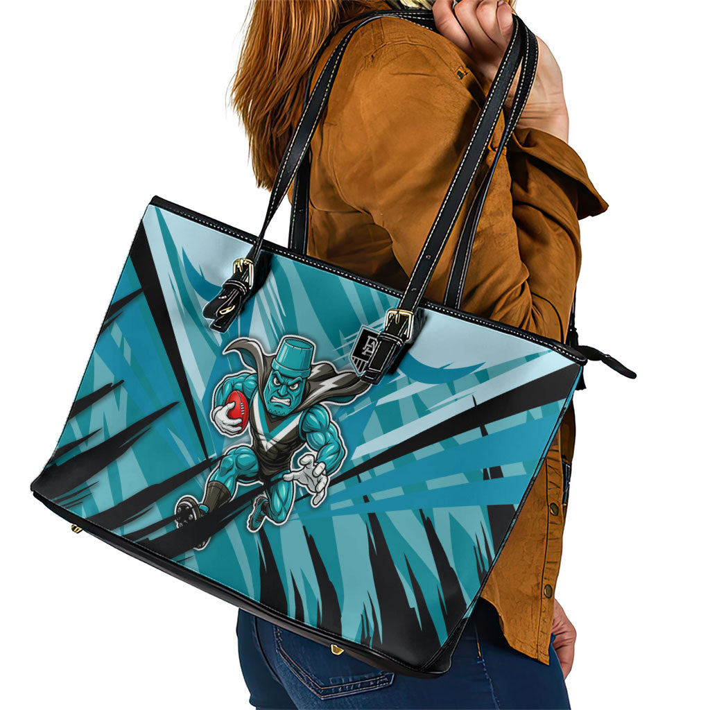 Port Adelaide Power Australian Football Leather Tote Bag Powerful Superhero Mascot - Bold Team Colors