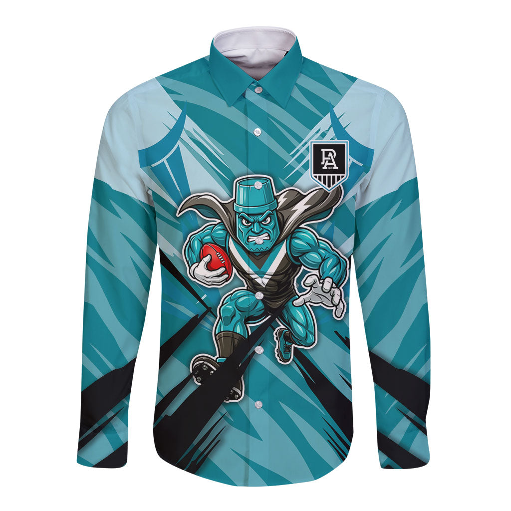 Port Adelaide Power Australian Football Long Sleeve Button Shirt Powerful Superhero Mascot - Bold Team Colors