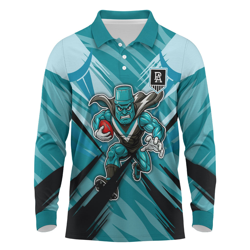 Port Adelaide Power Australian Football Long Sleeve Polo Shirt Powerful Superhero Mascot - Bold Team Colors