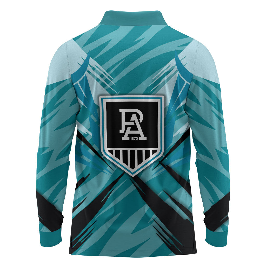Port Adelaide Power Australian Football Long Sleeve Polo Shirt Powerful Superhero Mascot - Bold Team Colors
