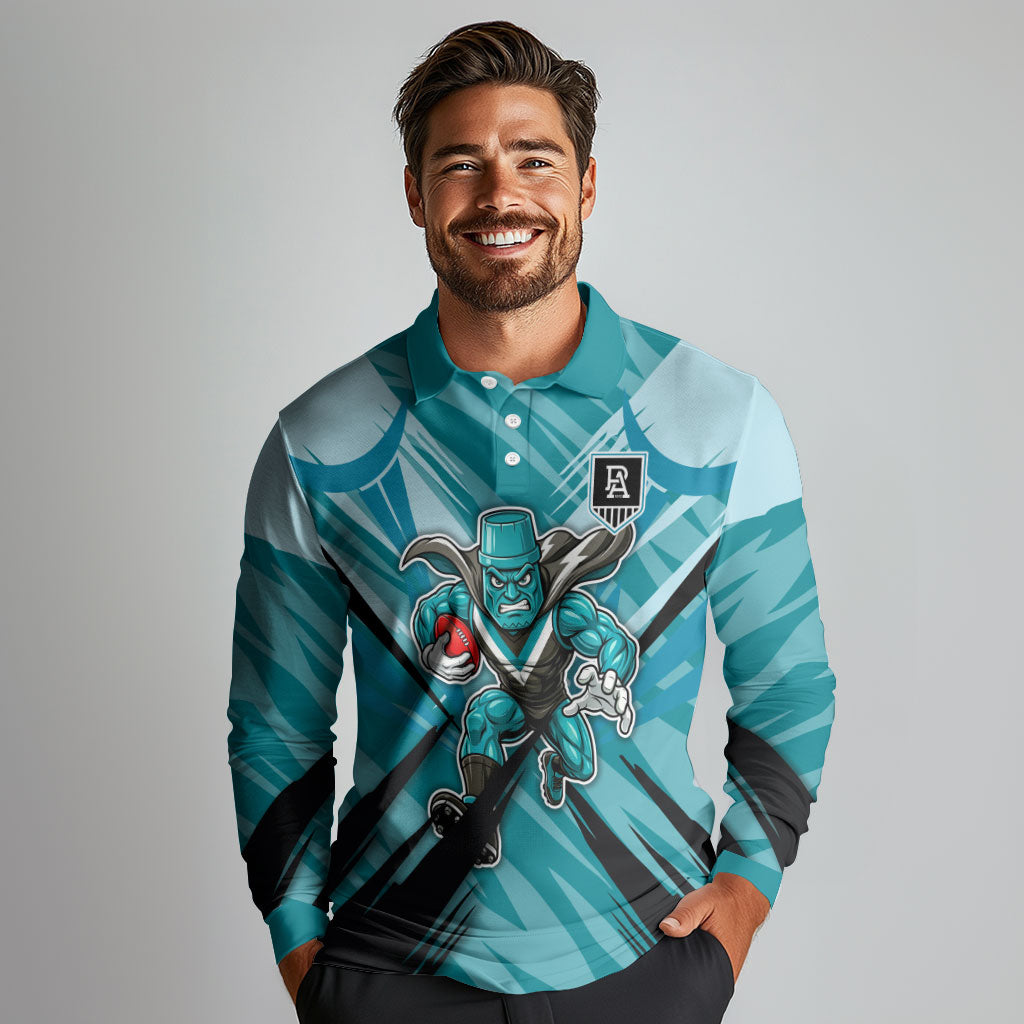 Port Adelaide Power Australian Football Long Sleeve Polo Shirt Powerful Superhero Mascot - Bold Team Colors