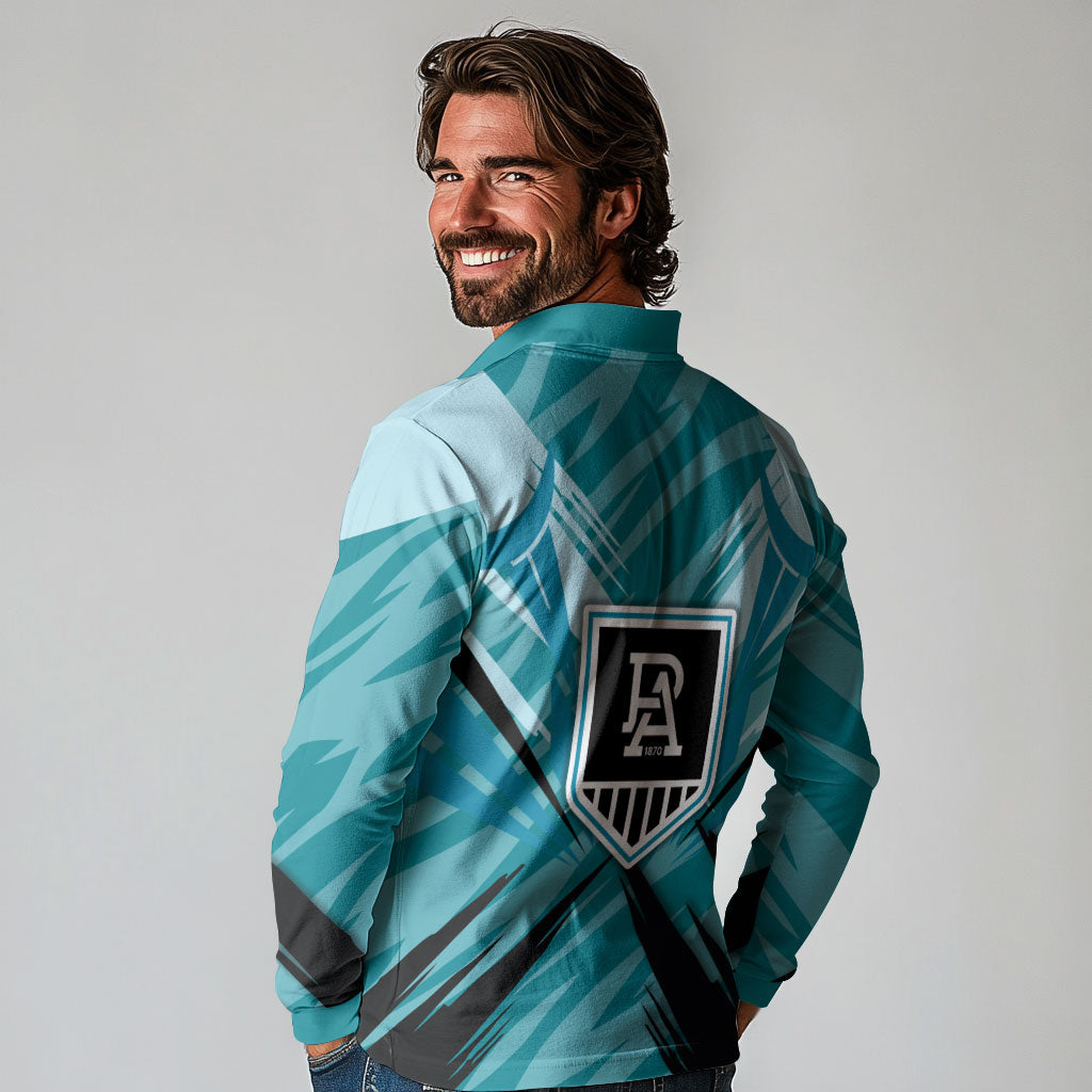 Port Adelaide Power Australian Football Long Sleeve Polo Shirt Powerful Superhero Mascot - Bold Team Colors
