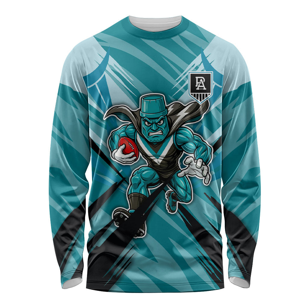 Port Adelaide Power Australian Football Long Sleeve Shirt Powerful Superhero Mascot - Bold Team Colors