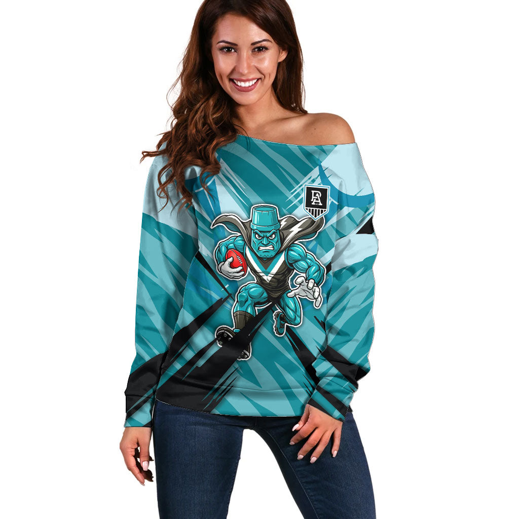 Port Adelaide Power Australian Football Off Shoulder Sweater Powerful Superhero Mascot - Bold Team Colors