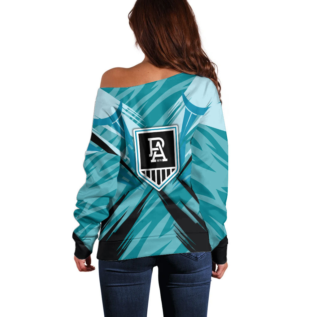 Port Adelaide Power Australian Football Off Shoulder Sweater Powerful Superhero Mascot - Bold Team Colors