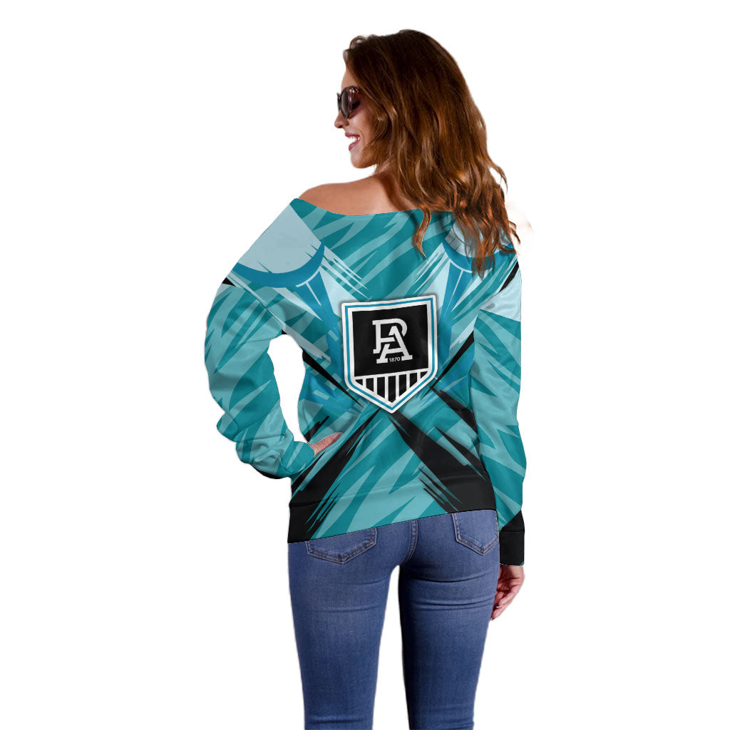 Port Adelaide Power Australian Football Off Shoulder Sweater Powerful Superhero Mascot - Bold Team Colors