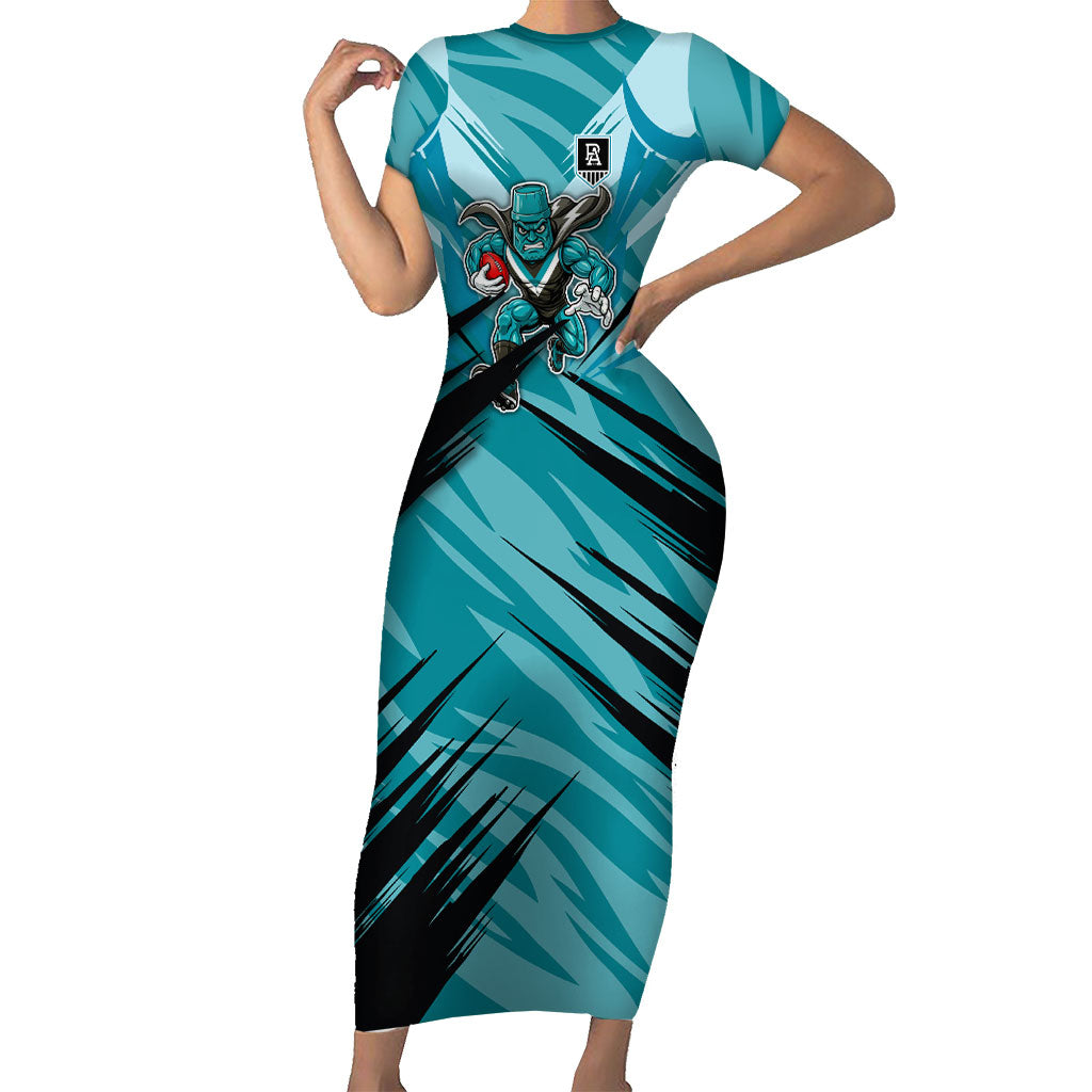 Port Adelaide Power Australian Football Short Sleeve Bodycon Dress Powerful Superhero Mascot - Bold Team Colors