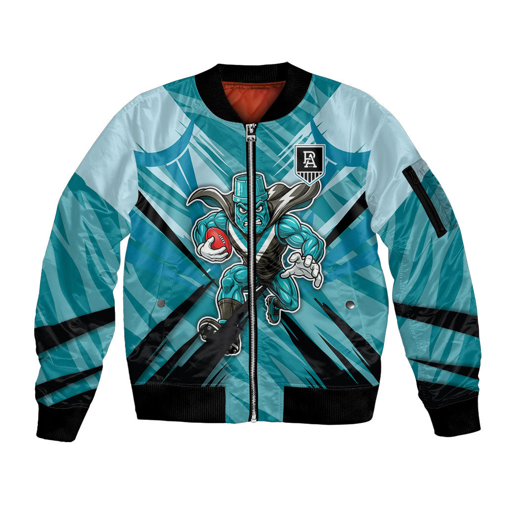 Port Adelaide Power Australian Football Sleeve Zip Bomber Jacket Powerful Superhero Mascot - Bold Team Colors