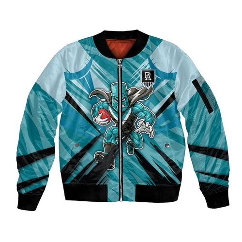Port Adelaide Power Australian Football Sleeve Zip Bomber Jacket Powerful Superhero Mascot - Bold Team Colors