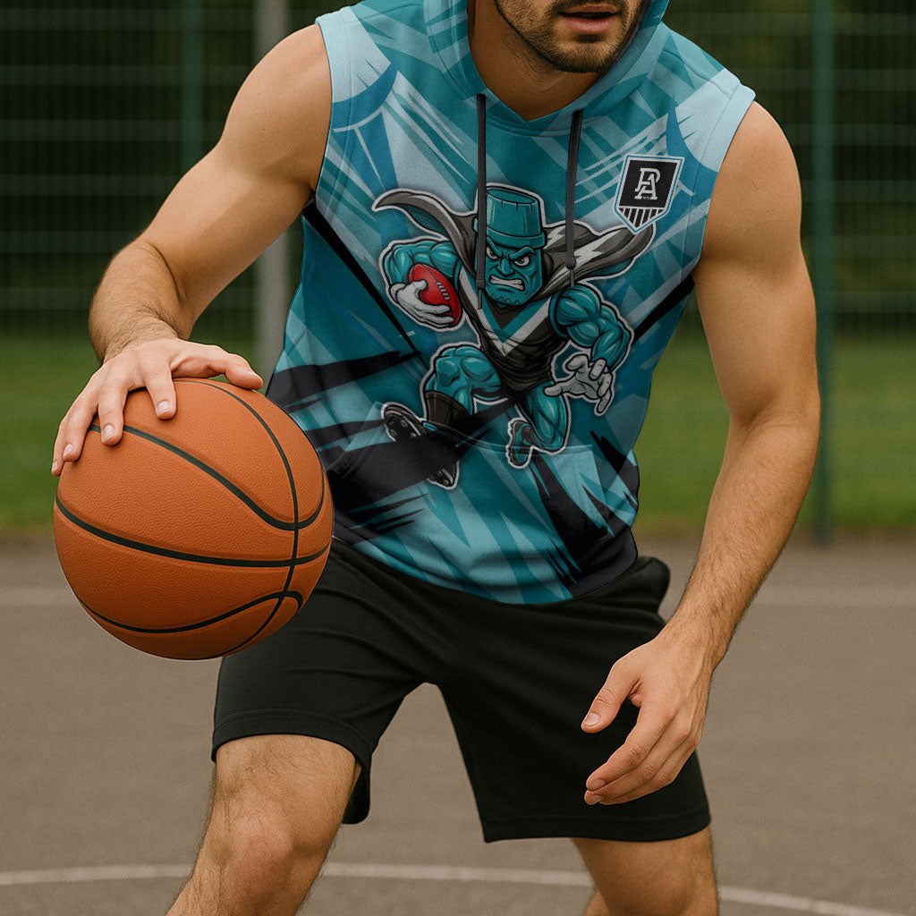Port Adelaide Power Australian Football Sleeveless Hoodie Powerful Superhero Mascot - Bold Team Colors