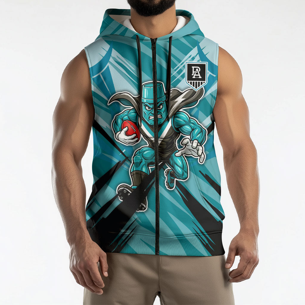 Port Adelaide Power Australian Football Sleeveless Zip Hoodie Powerful Superhero Mascot - Bold Team Colors