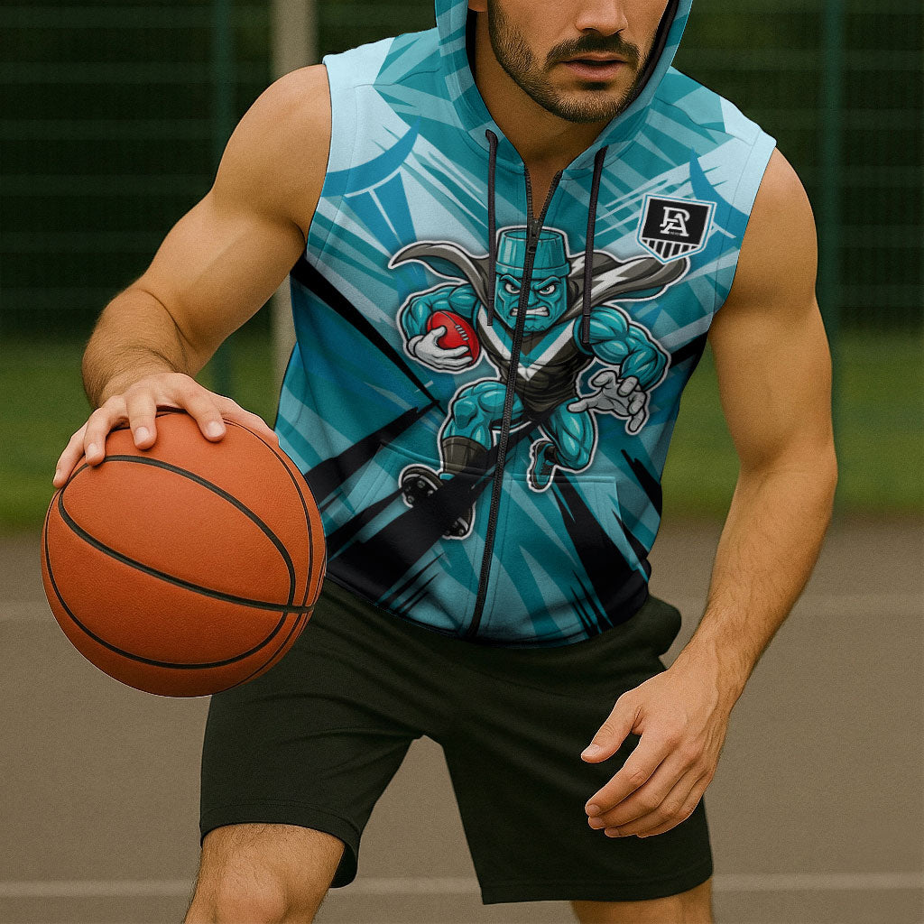 Port Adelaide Power Australian Football Sleeveless Zip Hoodie Powerful Superhero Mascot - Bold Team Colors