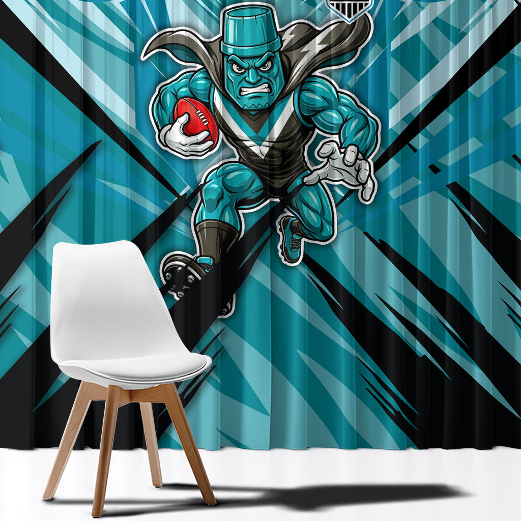 Port Adelaide Power Australian Football Window Curtain Powerful Superhero Mascot - Bold Team Colors
