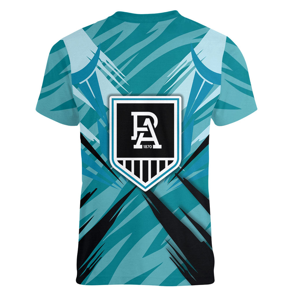 Port Adelaide Power Australian Football Women V-Neck T-Shirt Powerful Superhero Mascot - Bold Team Colors