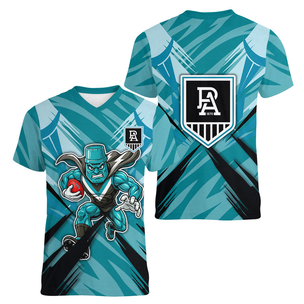 Port Adelaide Power Australian Football Women V-Neck T-Shirt Powerful Superhero Mascot - Bold Team Colors
