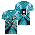 Port Adelaide Power Australian Football Women V-Neck T-Shirt Powerful Superhero Mascot - Bold Team Colors