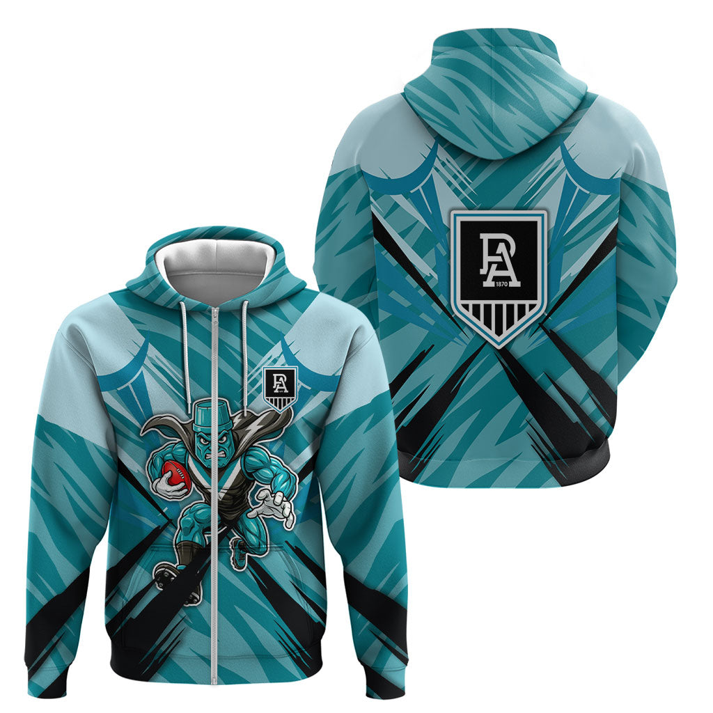 Port Adelaide Power Australian Football Zip Hoodie Powerful Superhero Mascot - Bold Team Colors