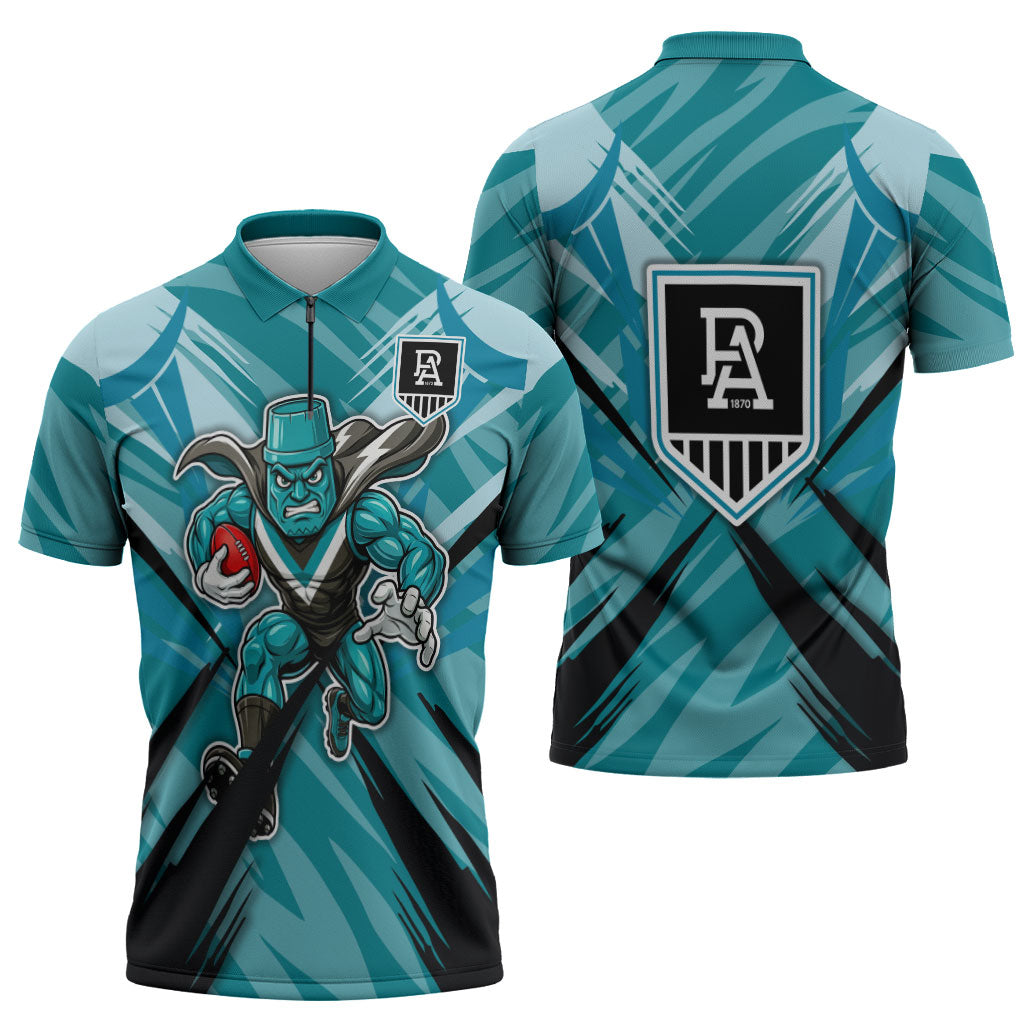 Port Adelaide Power Australian Football Zipper Polo Shirt Powerful Superhero Mascot - Bold Team Colors