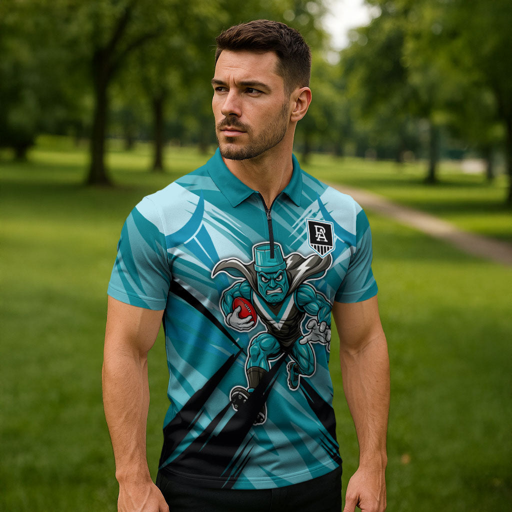 Port Adelaide Power Australian Football Zipper Polo Shirt Powerful Superhero Mascot - Bold Team Colors