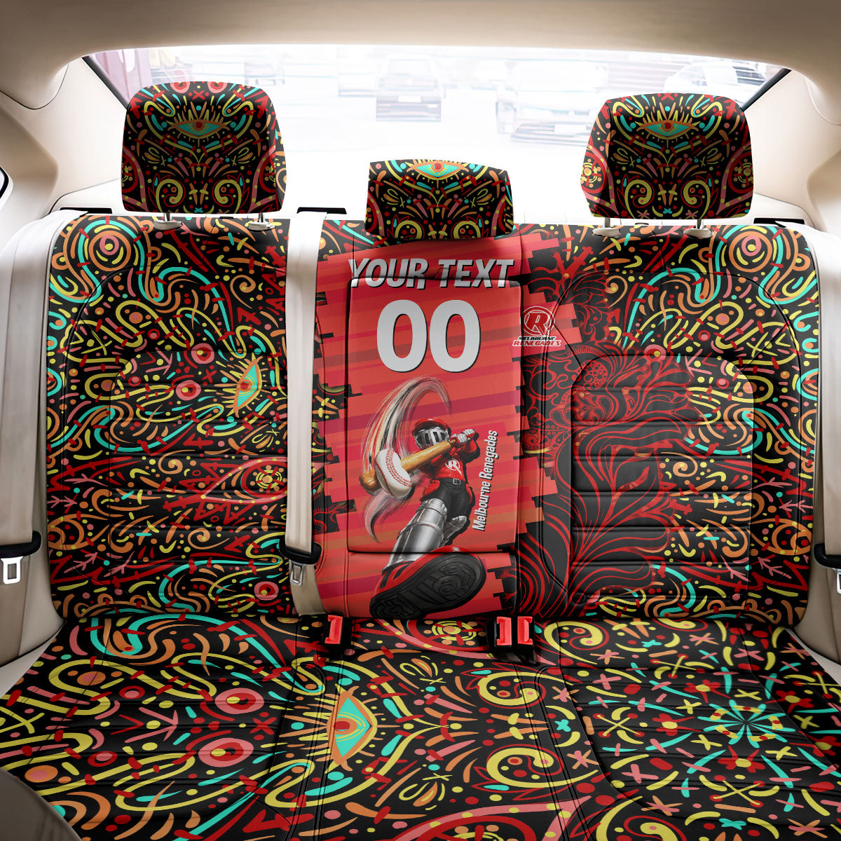 Personalized Melbourne Renegades Cricket Back Car Seat Cover Hippie Psychedelic Pattern Vibrant Mandala Art Style