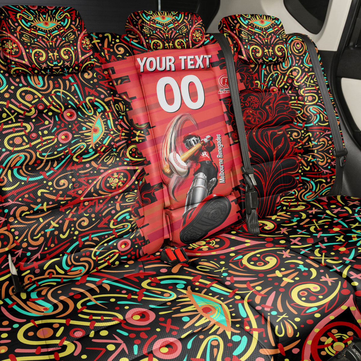 Personalized Melbourne Renegades Cricket Back Car Seat Cover Hippie Psychedelic Pattern Vibrant Mandala Art Style