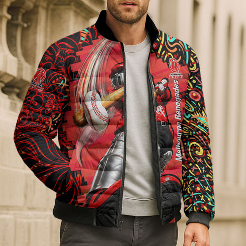 Personalized Melbourne Renegades Cricket Bomber Puffer Jacket Hippie Psychedelic Pattern Vibrant Mandala Art Style