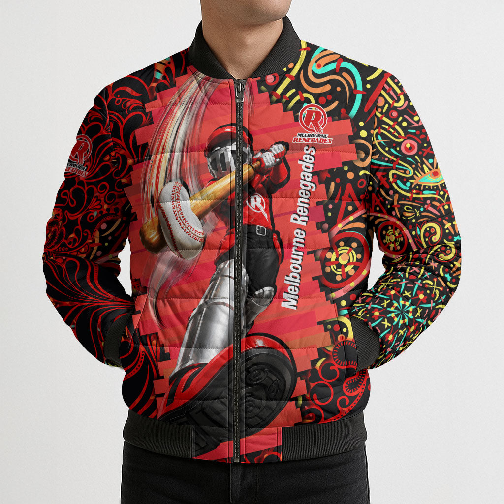 Personalized Melbourne Renegades Cricket Bomber Puffer Jacket Hippie Psychedelic Pattern Vibrant Mandala Art Style