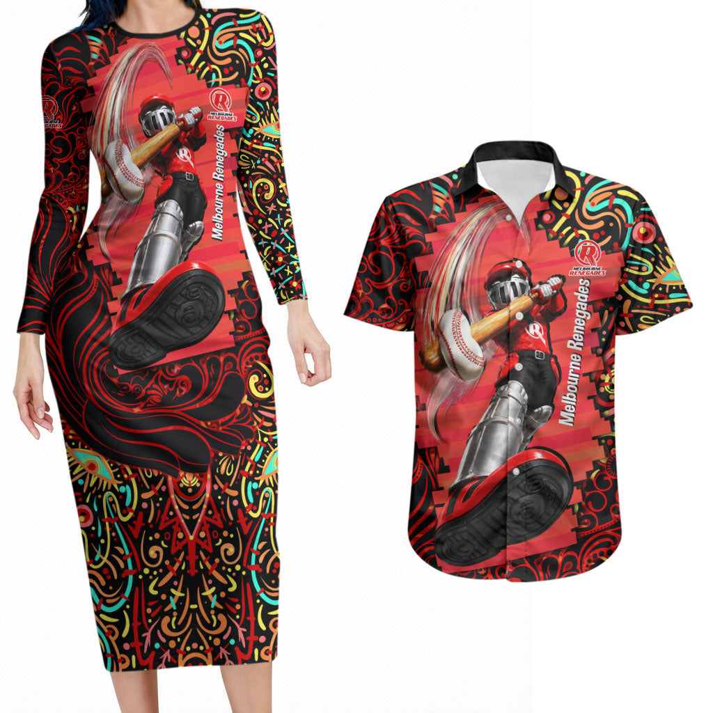 Personalized Melbourne Renegades Cricket Couples Matching Long Sleeve Bodycon Dress and Hawaiian Shirt Hippie Psychedelic Pattern Vibrant Mandala Art Style