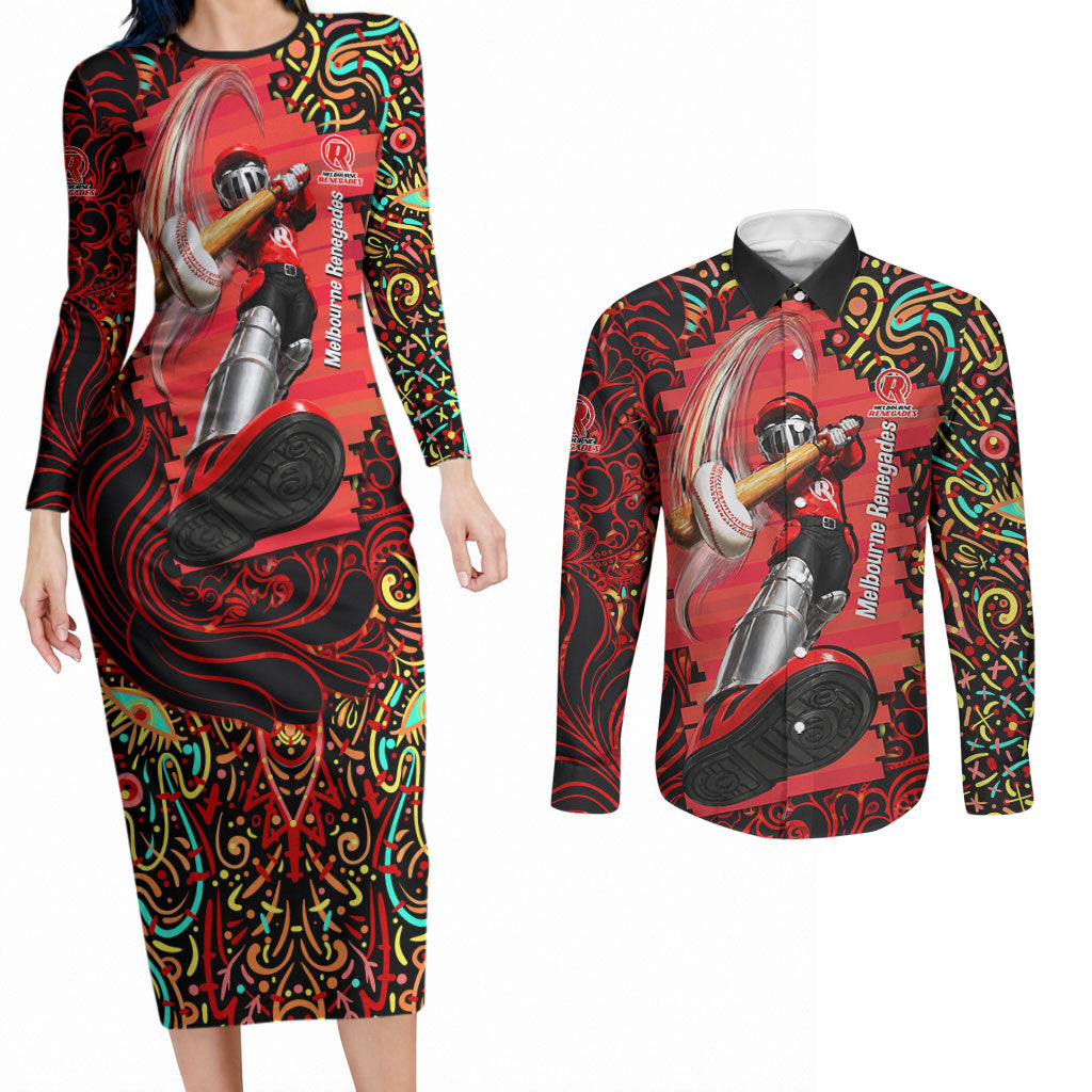 Personalized Melbourne Renegades Cricket Couples Matching Long Sleeve Bodycon Dress and Long Sleeve Button Shirt Hippie Psychedelic Pattern Vibrant Mandala Art Style