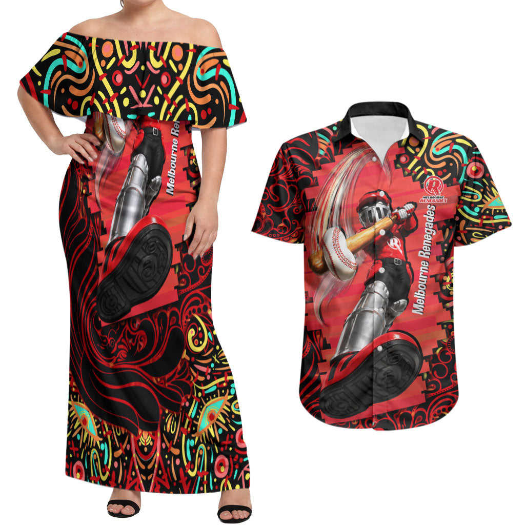 Personalized Melbourne Renegades Cricket Couples Matching Off Shoulder Maxi Dress and Hawaiian Shirt Hippie Psychedelic Pattern Vibrant Mandala Art Style