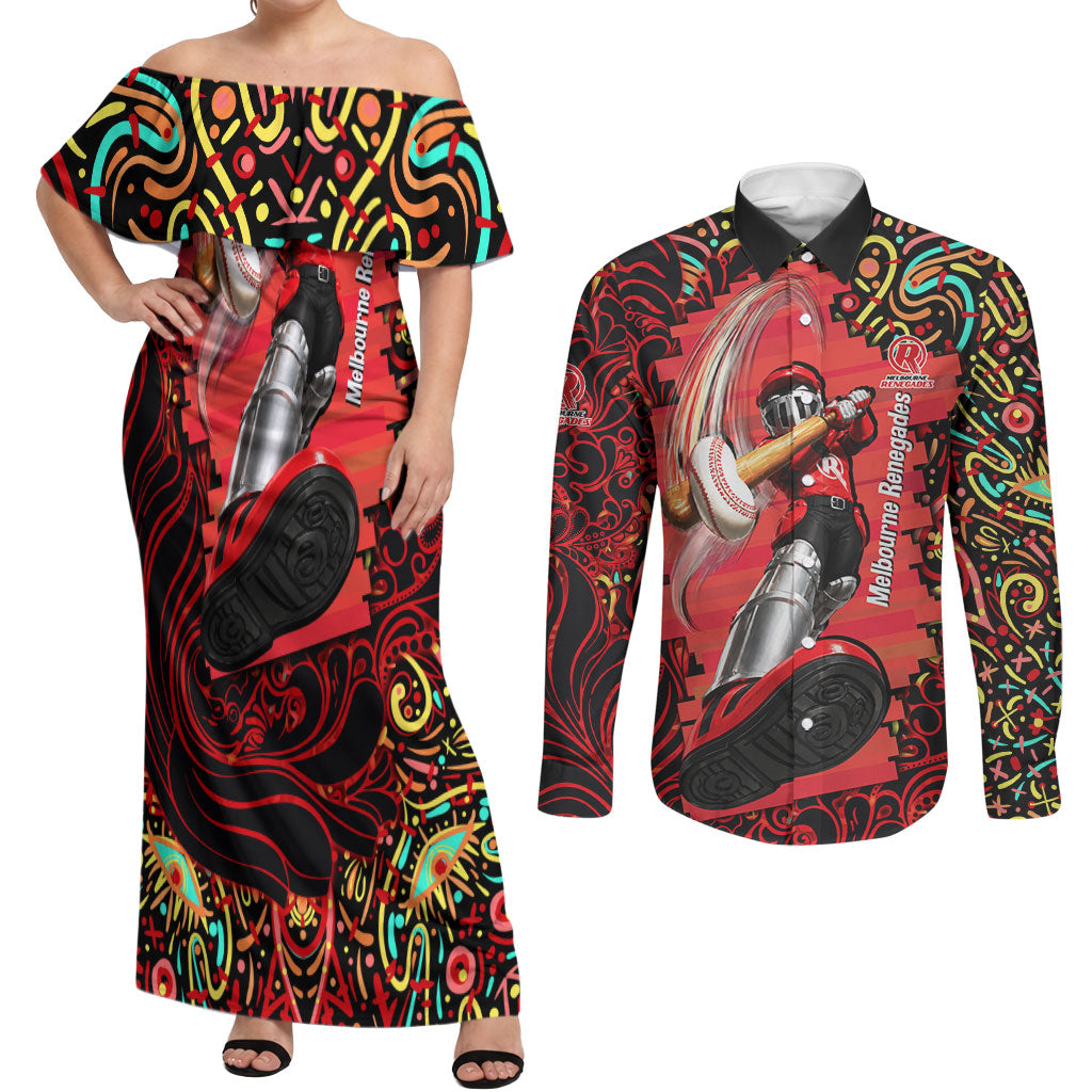 Personalized Melbourne Renegades Cricket Couples Matching Off Shoulder Maxi Dress and Long Sleeve Button Shirt Hippie Psychedelic Pattern Vibrant Mandala Art Style