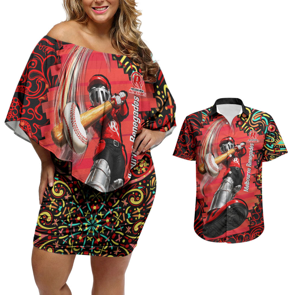 Personalized Melbourne Renegades Cricket Couples Matching Off Shoulder Short Dress and Hawaiian Shirt Hippie Psychedelic Pattern Vibrant Mandala Art Style