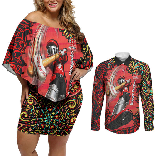 Personalized Melbourne Renegades Cricket Couples Matching Off Shoulder Short Dress and Long Sleeve Button Shirt Hippie Psychedelic Pattern Vibrant Mandala Art Style