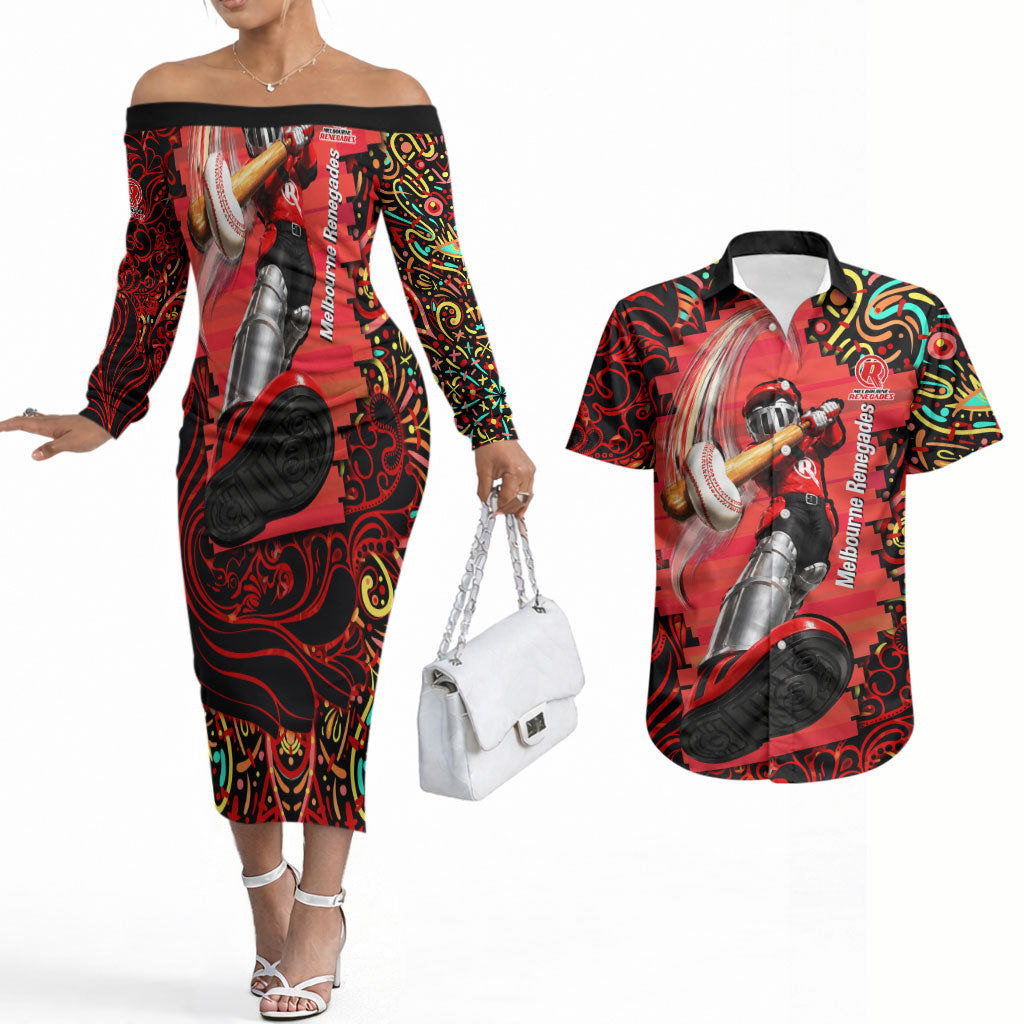 Personalized Melbourne Renegades Cricket Couples Matching Off The Shoulder Long Sleeve Dress and Hawaiian Shirt Hippie Psychedelic Pattern Vibrant Mandala Art Style