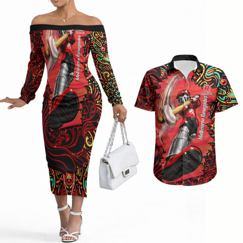 Personalized Melbourne Renegades Cricket Couples Matching Off The Shoulder Long Sleeve Dress and Hawaiian Shirt Hippie Psychedelic Pattern Vibrant Mandala Art Style