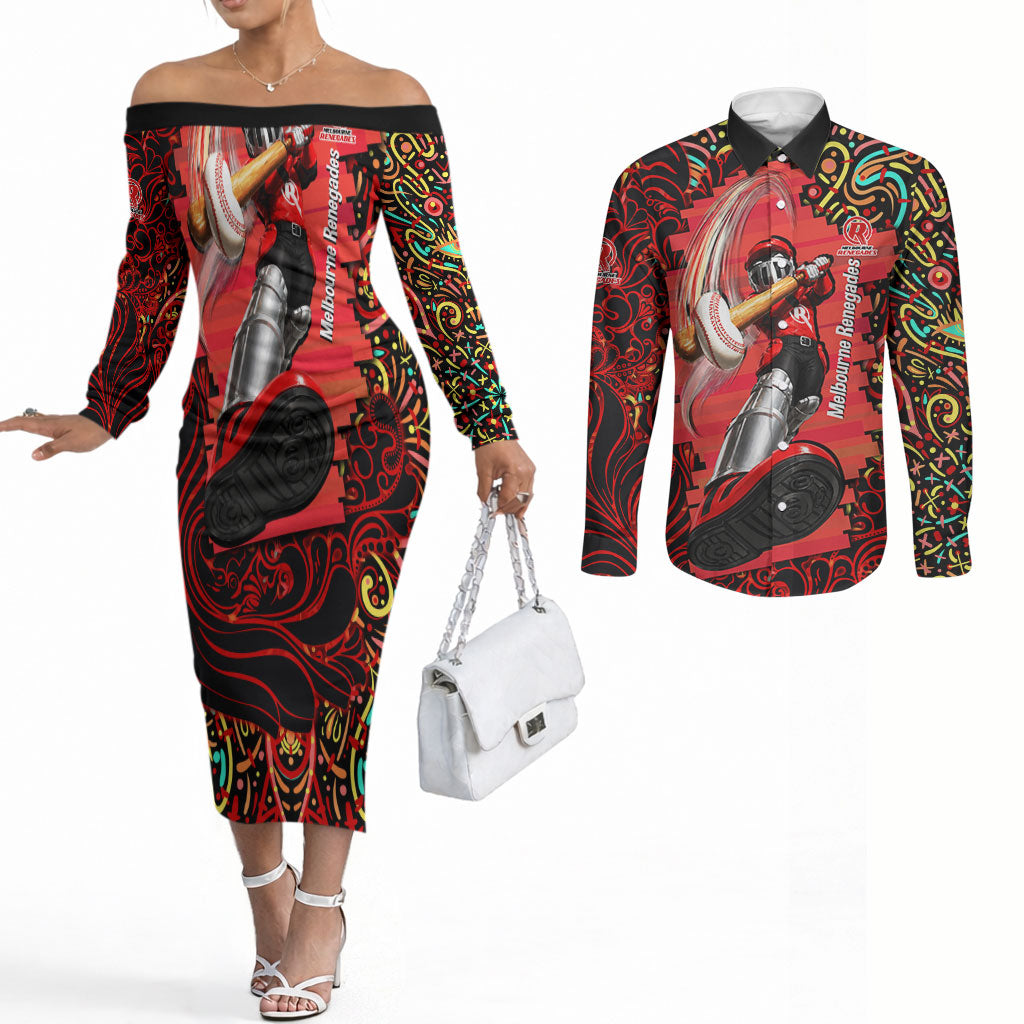 Personalized Melbourne Renegades Cricket Couples Matching Off The Shoulder Long Sleeve Dress and Long Sleeve Button Shirt Hippie Psychedelic Pattern Vibrant Mandala Art Style