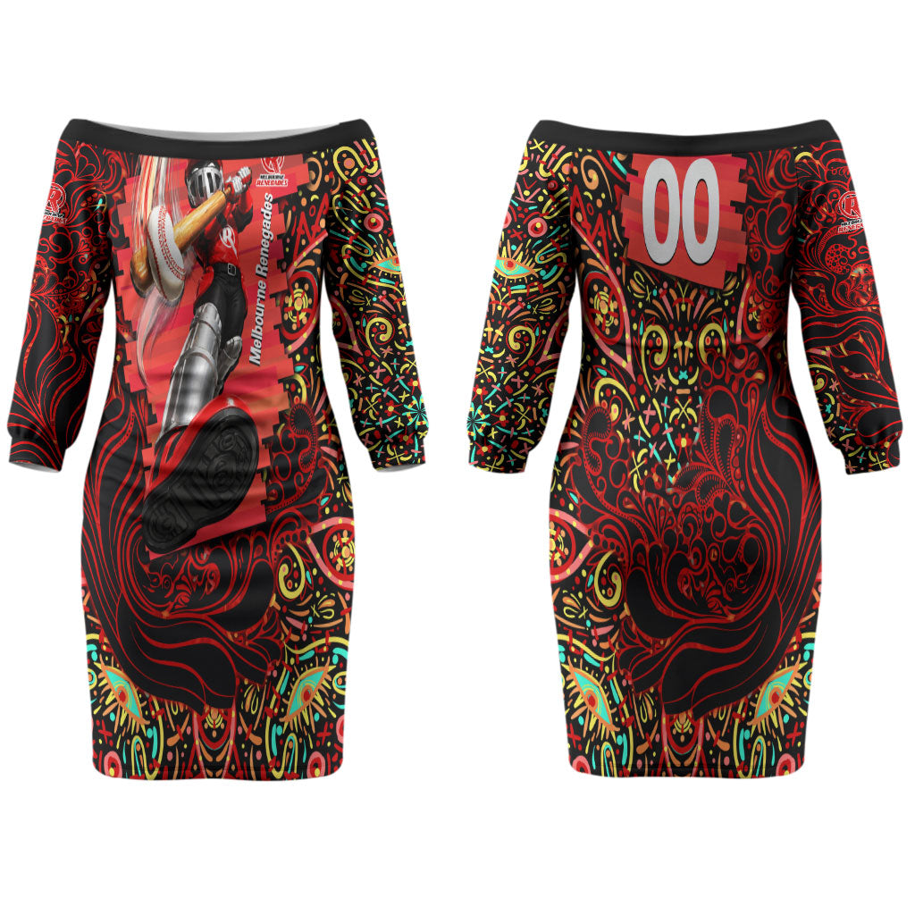 Personalized Melbourne Renegades Cricket Couples Matching Off The Shoulder Long Sleeve Dress and Long Sleeve Button Shirt Hippie Psychedelic Pattern Vibrant Mandala Art Style
