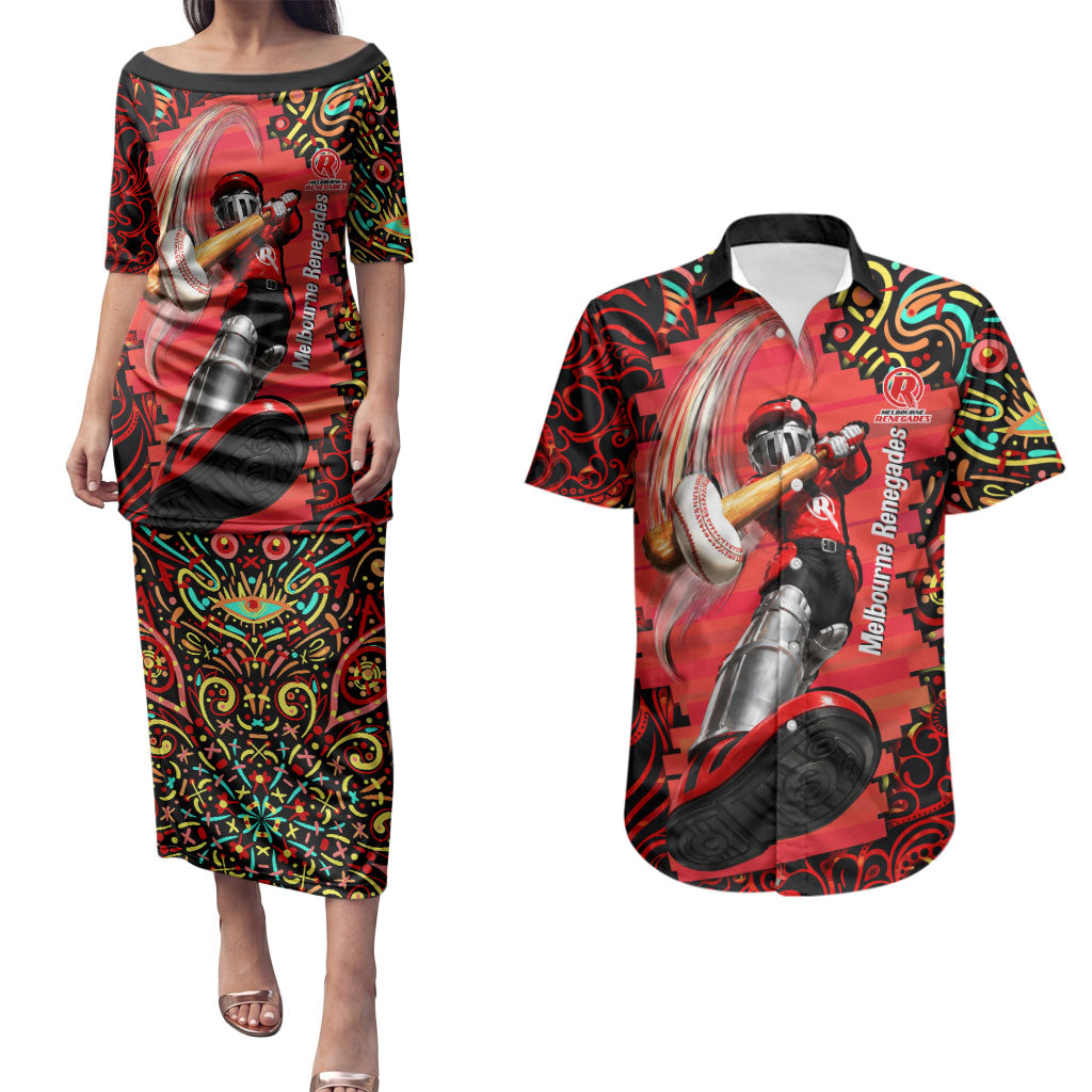 Personalized Melbourne Renegades Cricket Couples Matching Puletasi and Hawaiian Shirt Hippie Psychedelic Pattern Vibrant Mandala Art Style