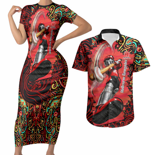 Personalized Melbourne Renegades Cricket Couples Matching Short Sleeve Bodycon Dress and Hawaiian Shirt Hippie Psychedelic Pattern Vibrant Mandala Art Style