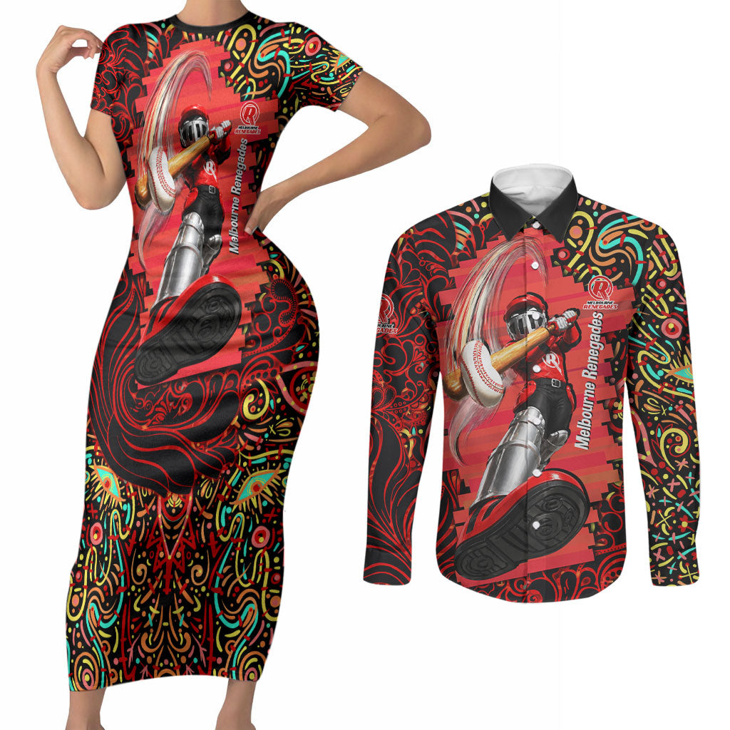 Personalized Melbourne Renegades Cricket Couples Matching Short Sleeve Bodycon Dress and Long Sleeve Button Shirt Hippie Psychedelic Pattern Vibrant Mandala Art Style