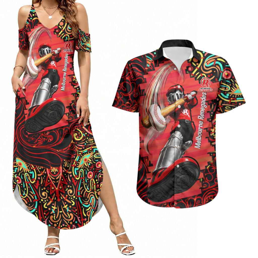 Personalized Melbourne Renegades Cricket Couples Matching Summer Maxi Dress and Hawaiian Shirt Hippie Psychedelic Pattern Vibrant Mandala Art Style