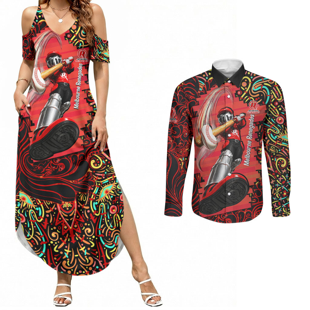Personalized Melbourne Renegades Cricket Couples Matching Summer Maxi Dress and Long Sleeve Button Shirt Hippie Psychedelic Pattern Vibrant Mandala Art Style
