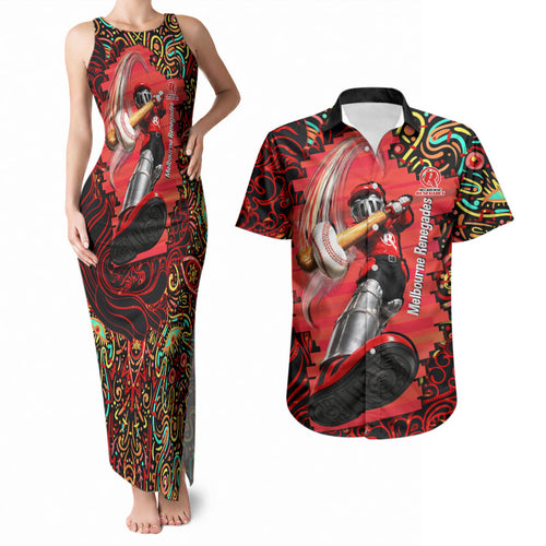 Personalized Melbourne Renegades Cricket Couples Matching Tank Maxi Dress and Hawaiian Shirt Hippie Psychedelic Pattern Vibrant Mandala Art Style