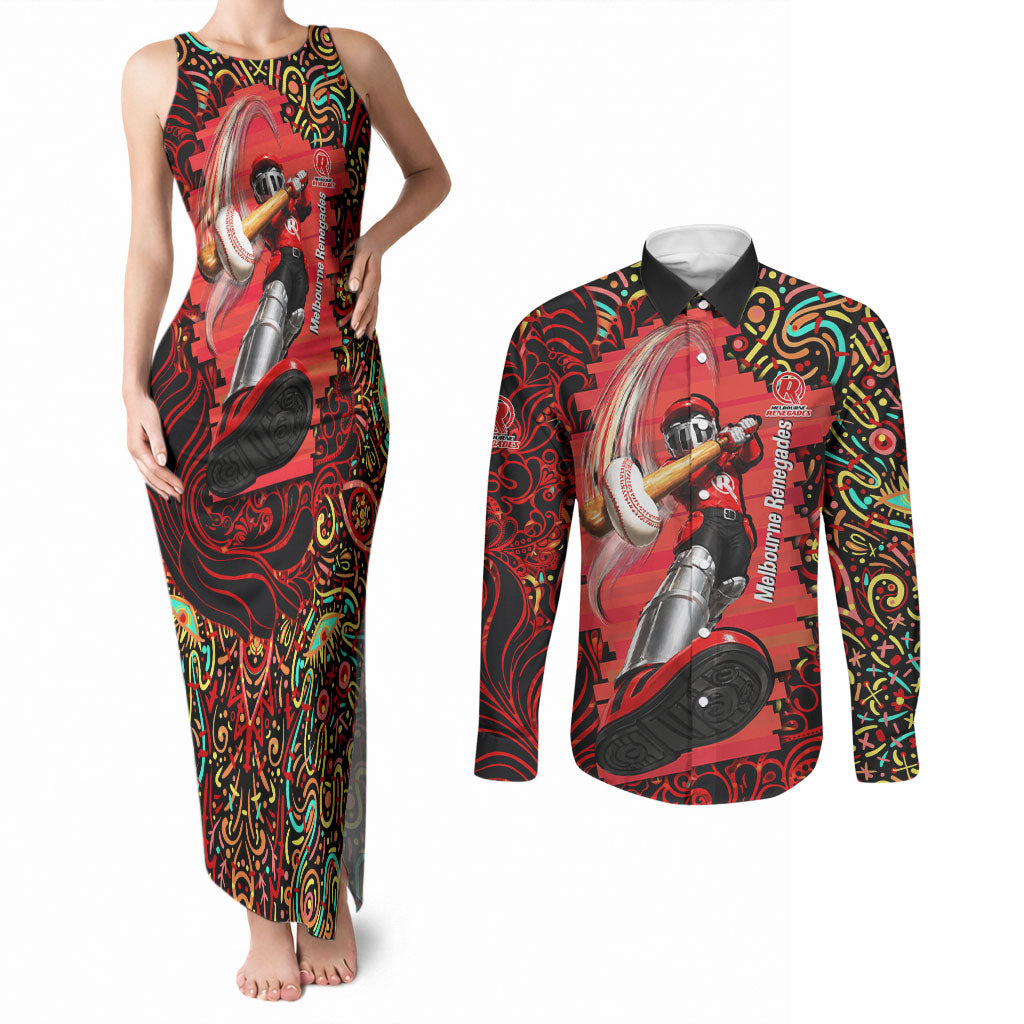 Personalized Melbourne Renegades Cricket Couples Matching Tank Maxi Dress and Long Sleeve Button Shirt Hippie Psychedelic Pattern Vibrant Mandala Art Style