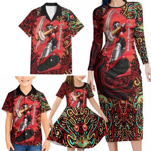 Personalized Melbourne Renegades Cricket Family Matching Long Sleeve Bodycon Dress and Hawaiian Shirt Hippie Psychedelic Pattern Vibrant Mandala Art Style