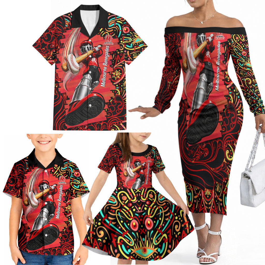 Personalized Melbourne Renegades Cricket Family Matching Off The Shoulder Long Sleeve Dress and Hawaiian Shirt Hippie Psychedelic Pattern Vibrant Mandala Art Style